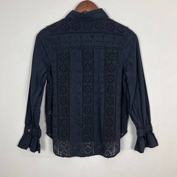 Sundance Blouse Top Womens PXS Black Eyelet Lace‎ Button up Long Flare Sleeve - Picture 8 of 11